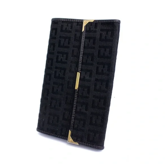 VTG 80s. FENDI FF Zucca Monogram Canvas & Leather Trifold Wallet In Black